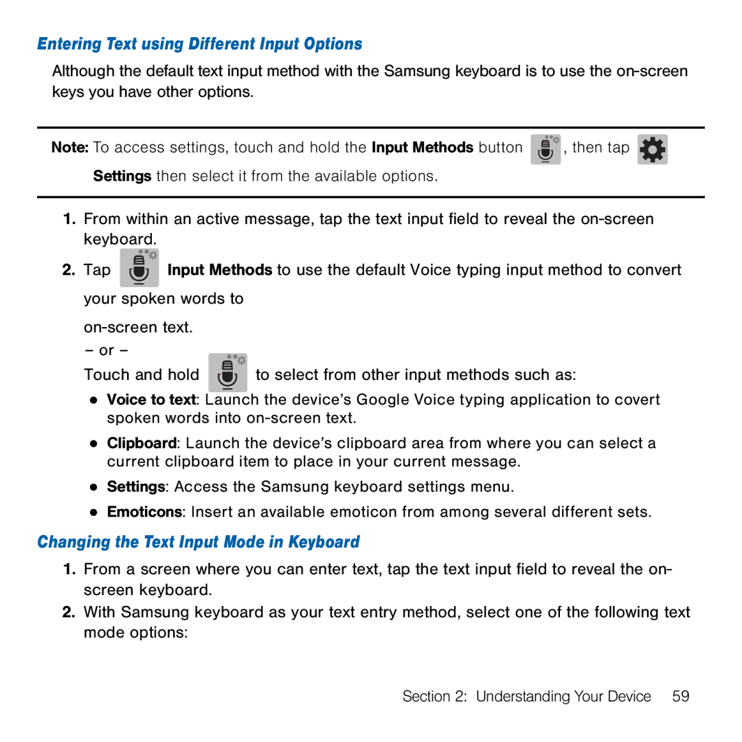 Samsung GH68-41834A user manual Entering Text using Different Input Options, Changing the Text Input Mode in Keyboard 