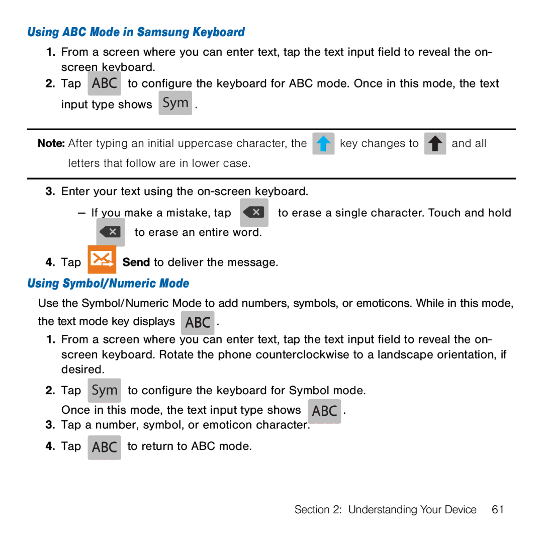 Samsung GH68-41834A user manual Using ABC Mode in Samsung Keyboard, Using Symbol/Numeric Mode 