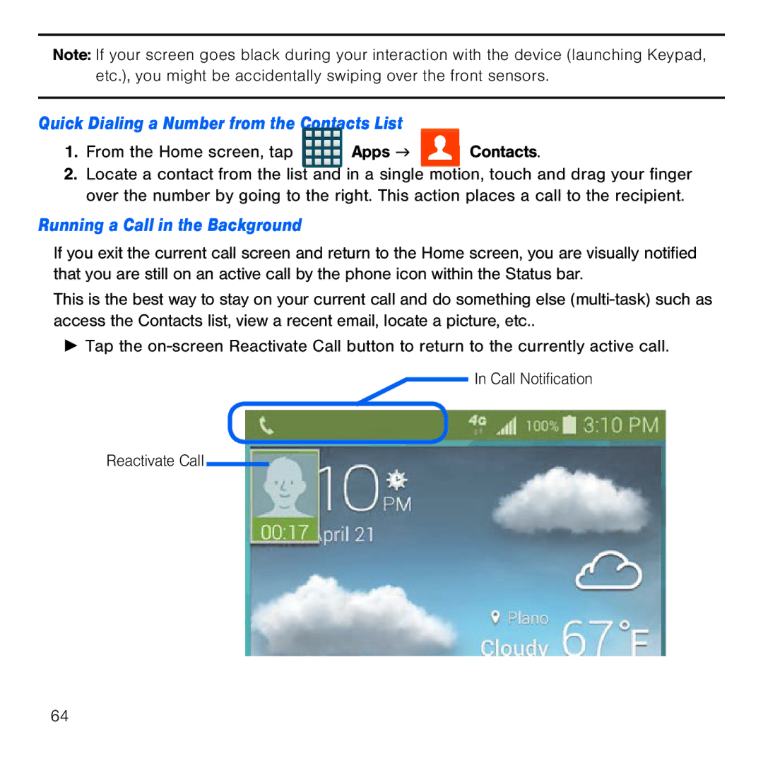 Samsung GH68-41834A user manual Quick Dialing a Number from the Contacts List, Running a Call in the Background 