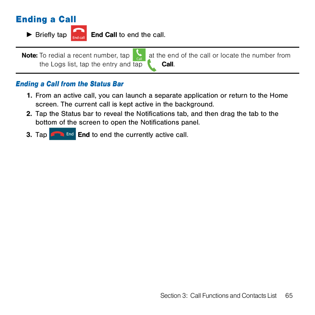 Samsung GH68-41834A user manual Ending a Call from the Status Bar 