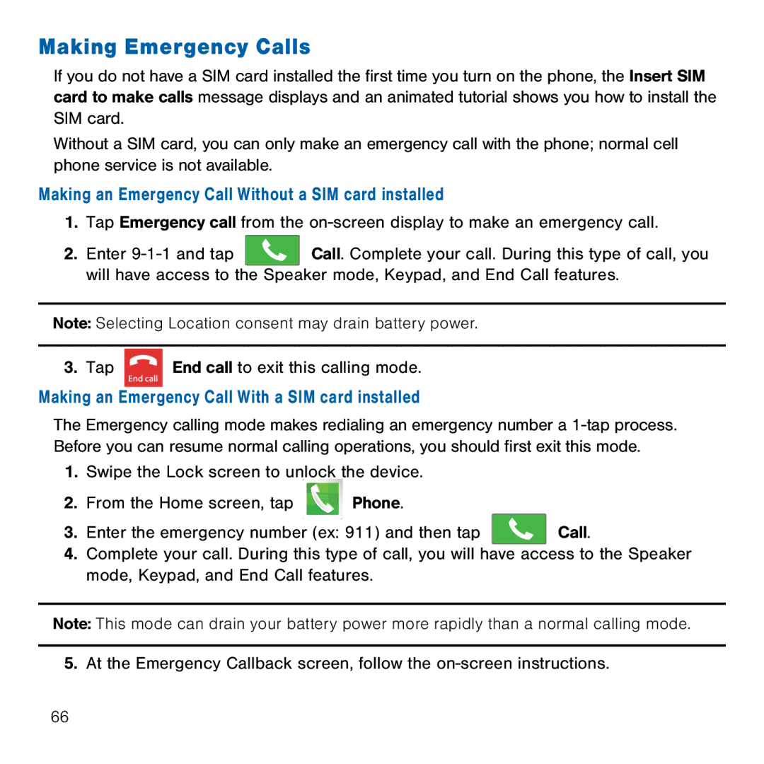 Samsung GH68-41834A user manual Making Emergency Calls, Making an Emergency Call Without a SIM card installed 