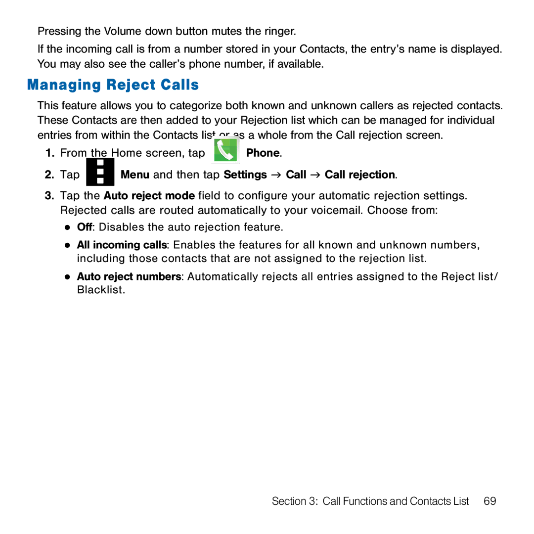 Samsung GH68-41834A user manual Managing Reject Calls 