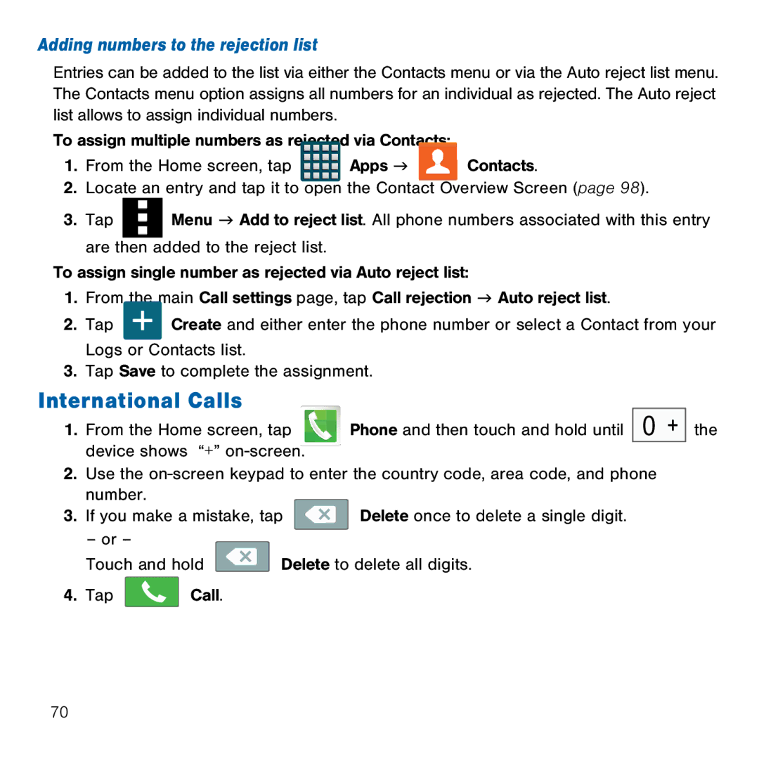 Samsung GH68-41834A user manual International Calls, Adding numbers to the rejection list 