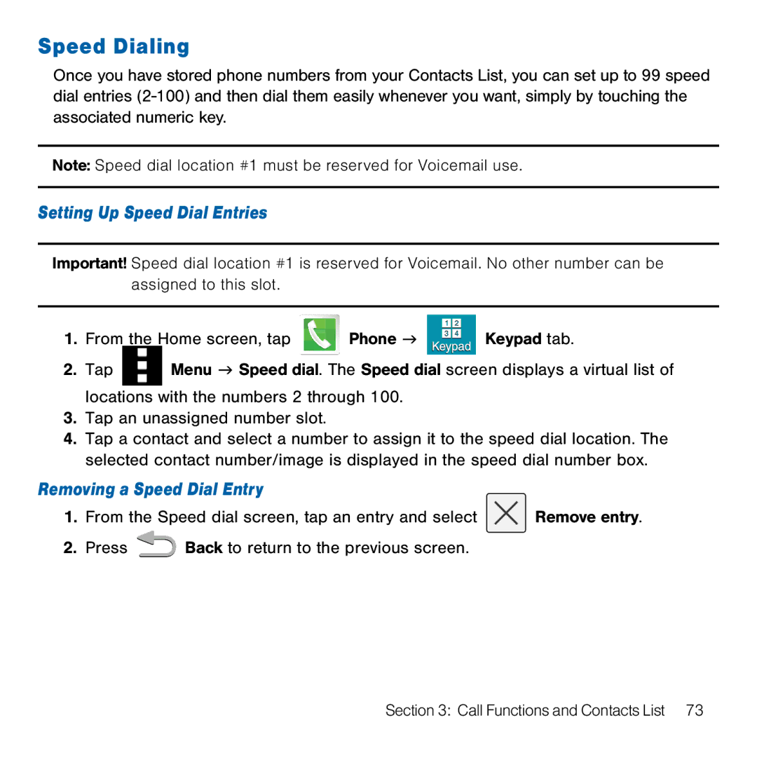 Samsung GH68-41834A user manual Speed Dialing, Setting Up Speed Dial Entries, Removing a Speed Dial Entry 