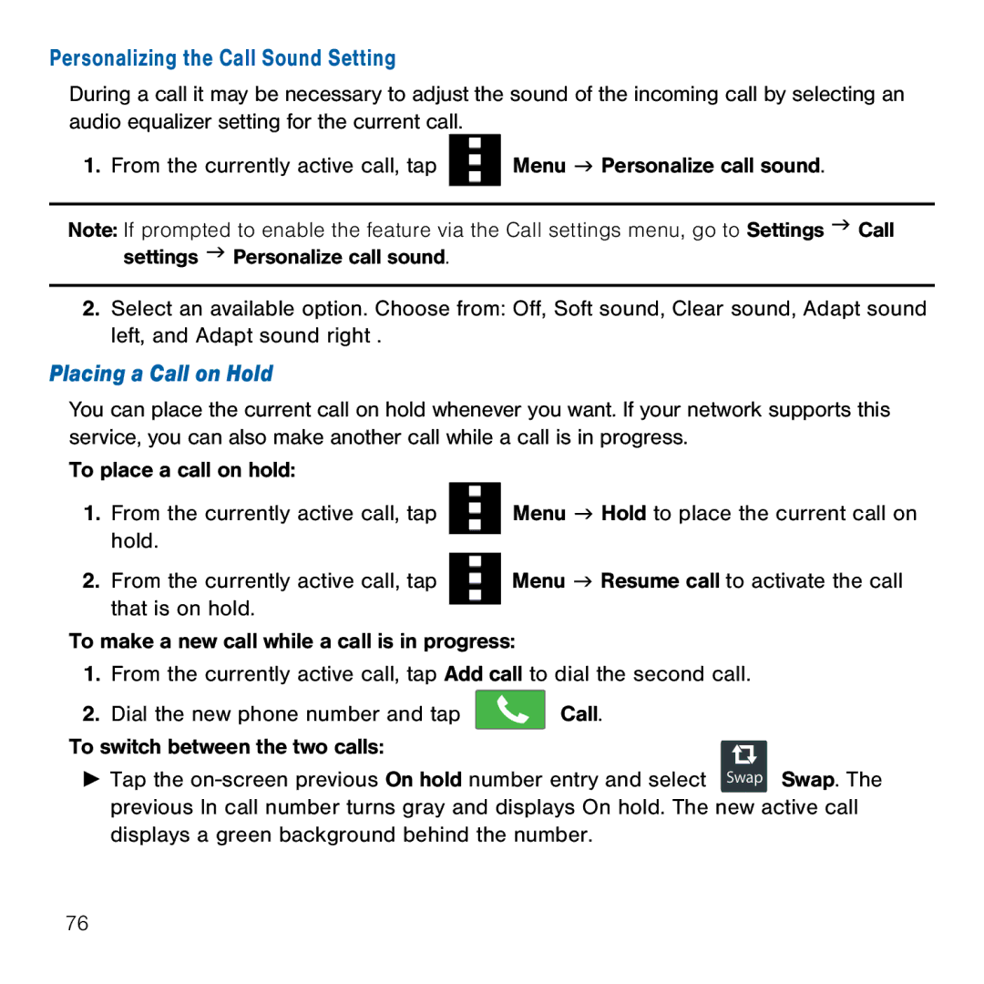 Samsung GH68-41834A user manual Personalizing the Call Sound Setting, Placing a Call on Hold 