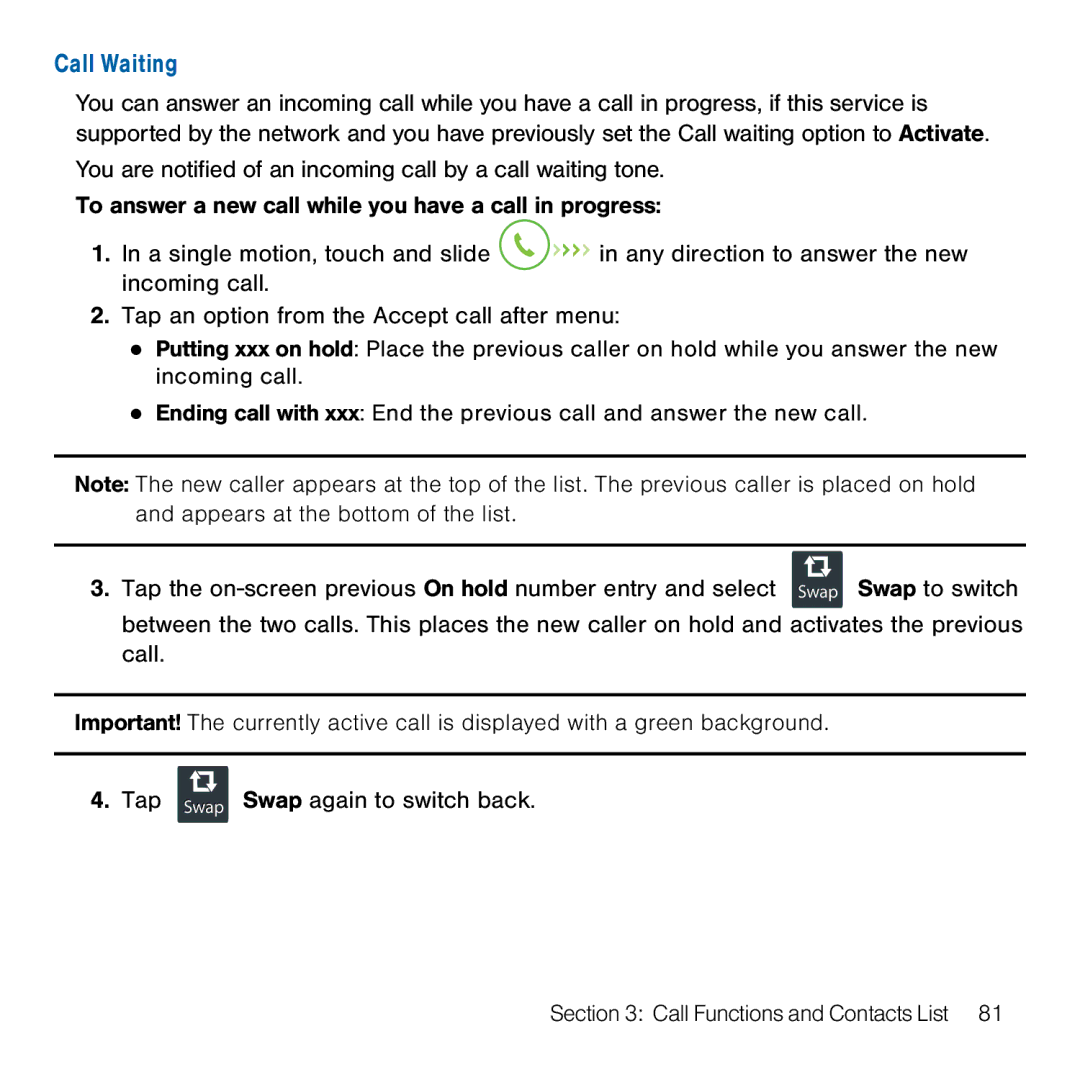 Samsung GH68-41834A user manual Call Waiting 