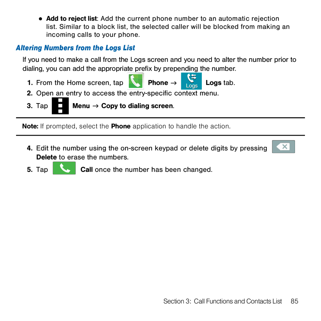 Samsung GH68-41834A user manual Altering Numbers from the Logs List 