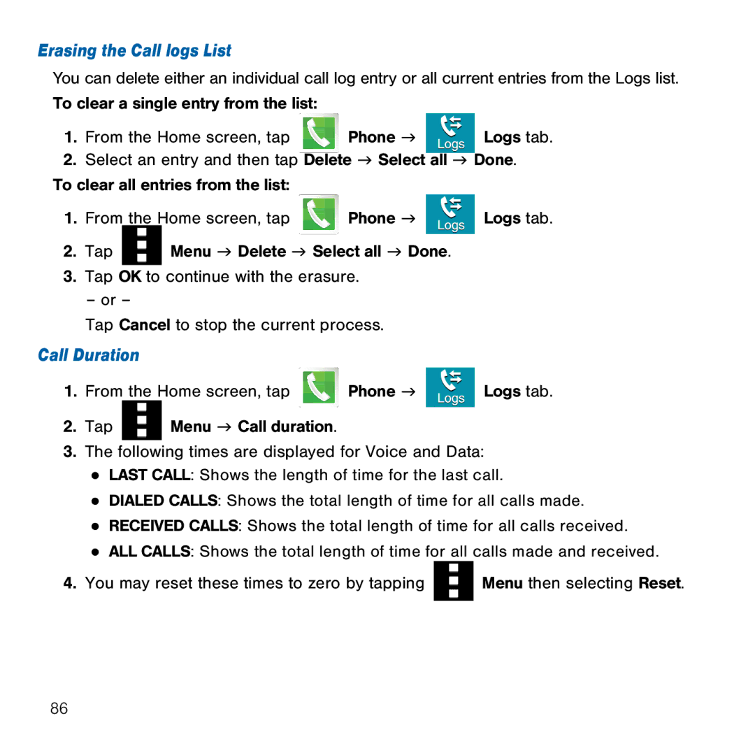 Samsung GH68-41834A user manual Erasing the Call logs List, Call Duration 