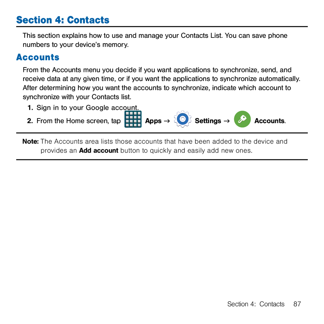 Samsung GH68-41834A user manual Contacts, Accounts 