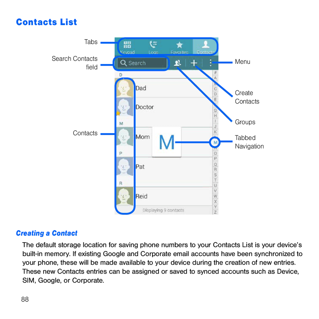 Samsung GH68-41834A user manual Contacts List, Creating a Contact 