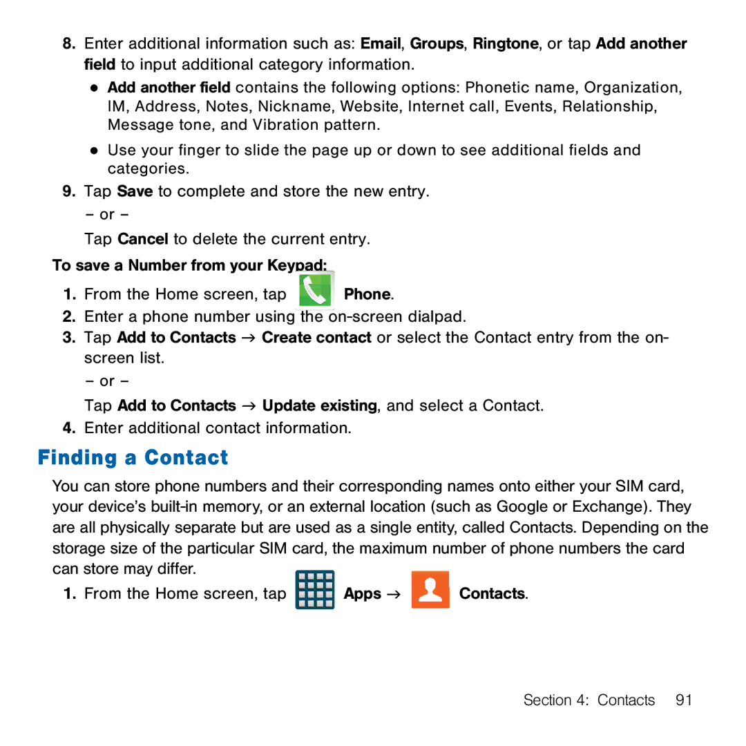 Samsung GH68-41834A user manual Finding a Contact 