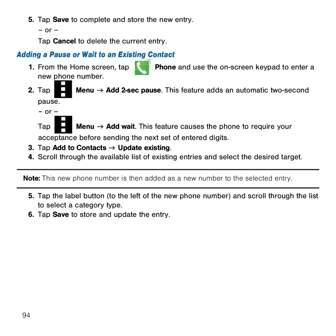 Samsung GH68-41834A user manual Adding a Pause or Wait to an Existing Contact 