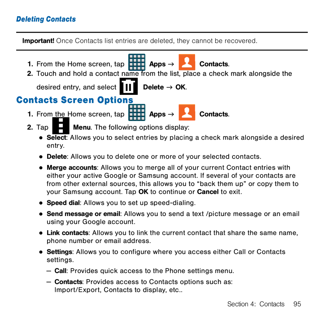 Samsung GH68-41834A user manual Contacts Screen Options, Deleting Contacts 