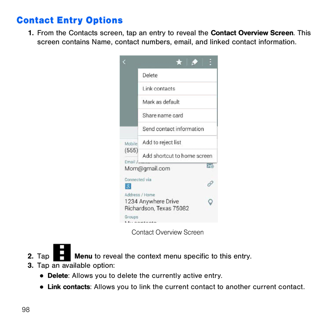 Samsung GH68-41834A user manual Contact Entry Options 