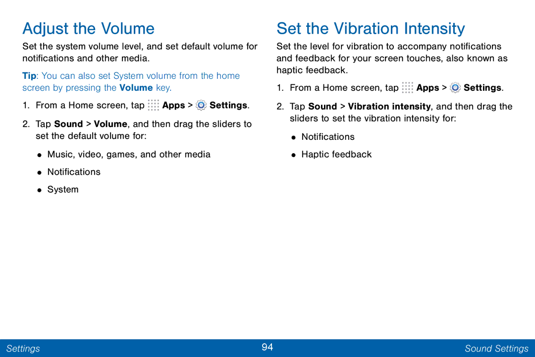 Samsung GH68-42046F manual Adjust the Volume, Set the Vibration Intensity 