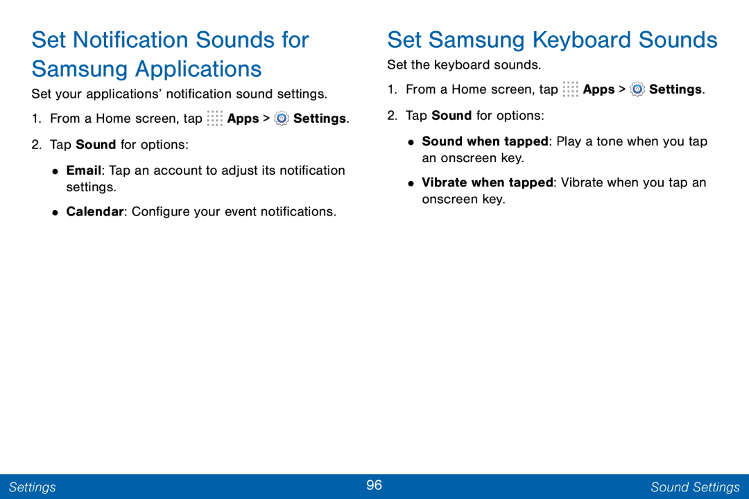 Samsung GH68-42046F manual Set Notification Sounds for Samsung Applications, Set Samsung Keyboard Sounds 