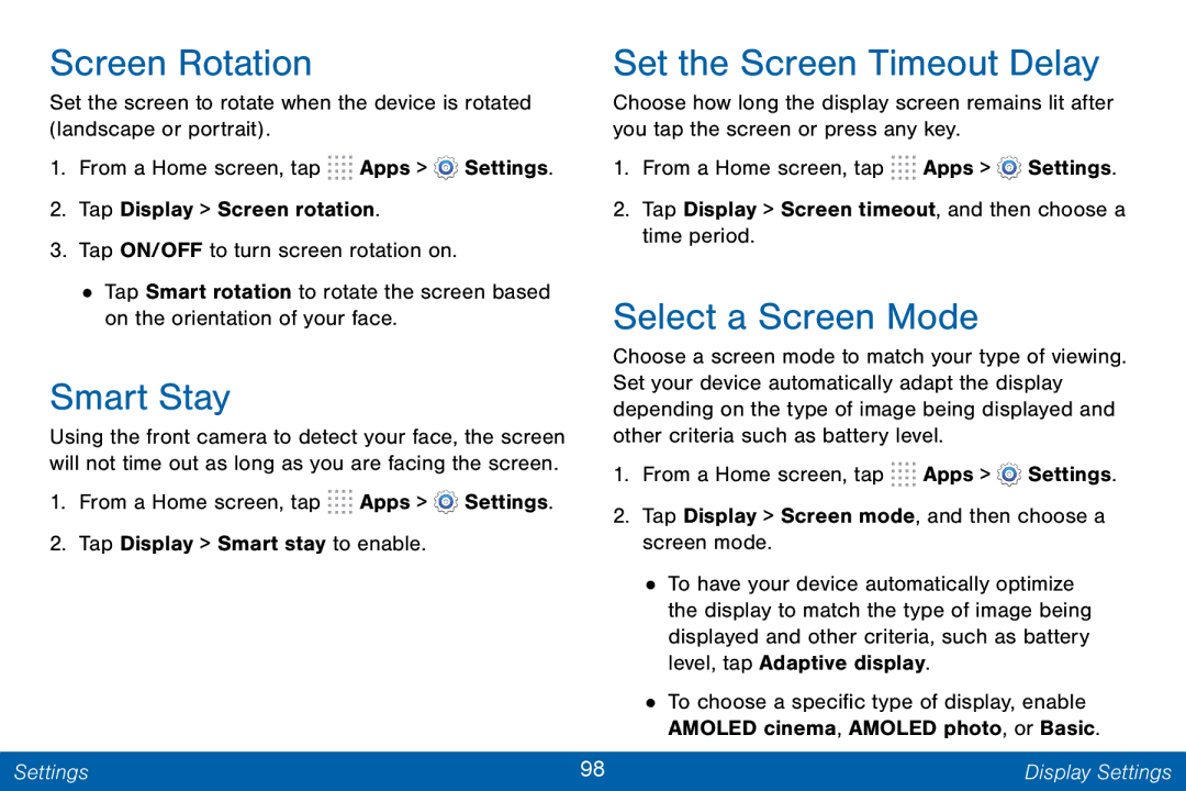 Samsung GH68-42046F manual Screen Rotation, Smart Stay, Set the Screen Timeout Delay, Select a Screen Mode 