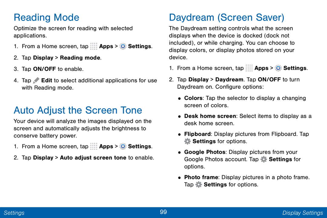 Samsung GH68-42046F manual Reading Mode, Auto Adjust the Screen Tone, Daydream Screen Saver 