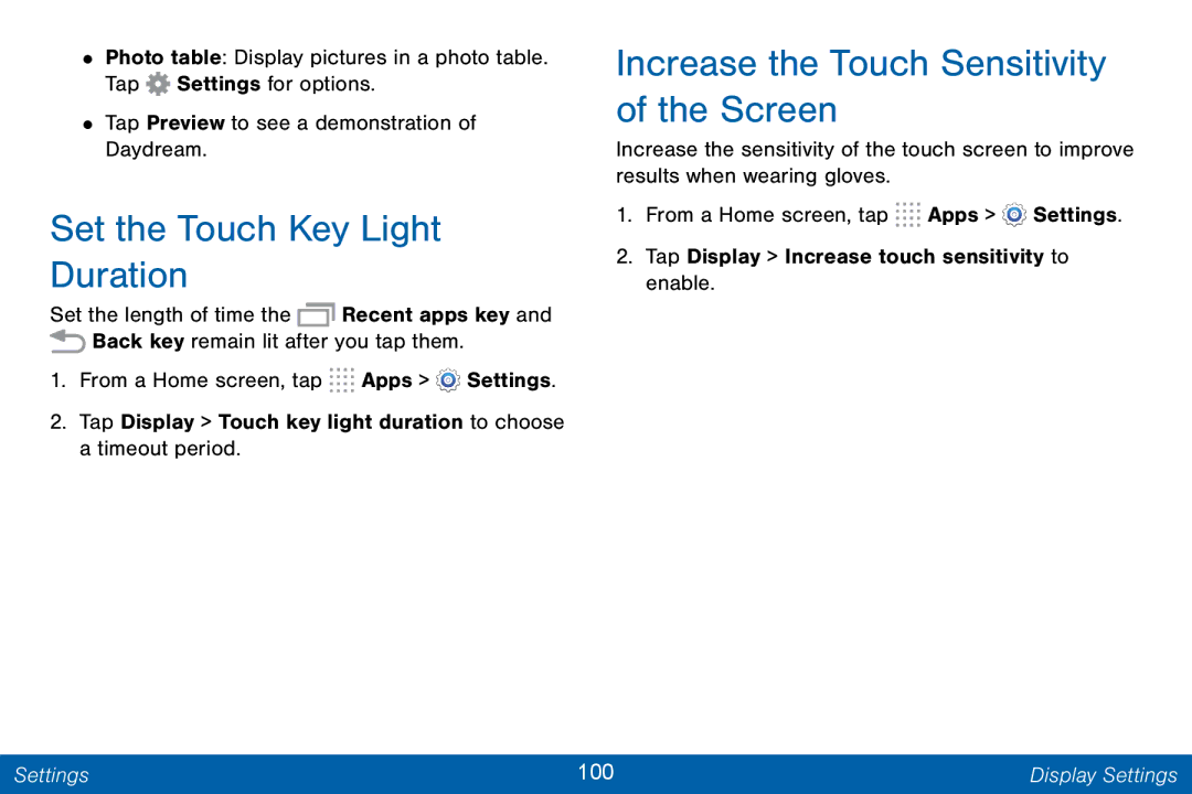 Samsung GH68-42046F manual Set the Touch Key Light Duration, Increase the Touch Sensitivity of the Screen 