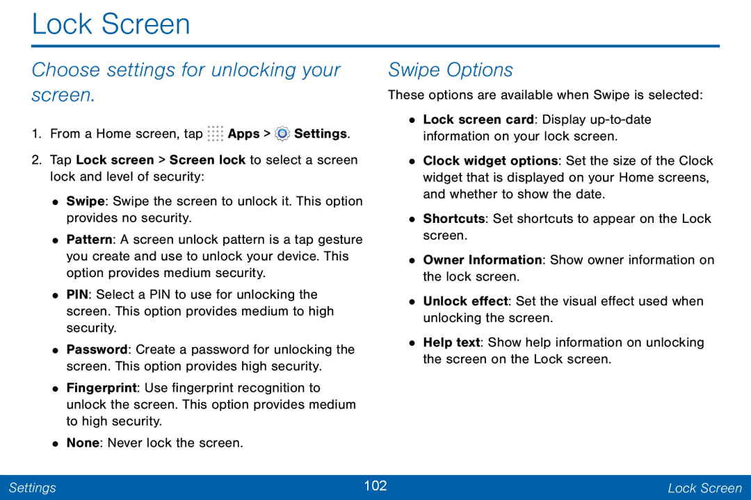 Samsung GH68-42046F manual Lock Screen, Choose settings for unlocking your screen, Swipe Options 