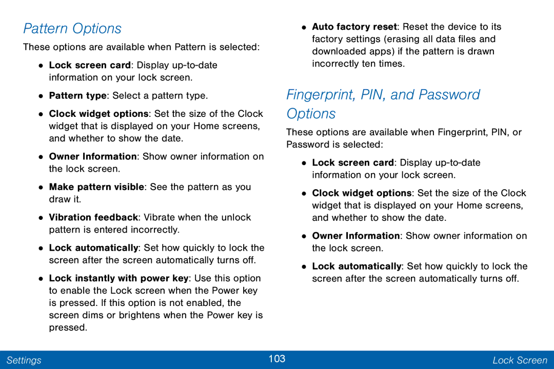 Samsung GH68-42046F manual Pattern Options, Fingerprint, PIN, and Password Options 