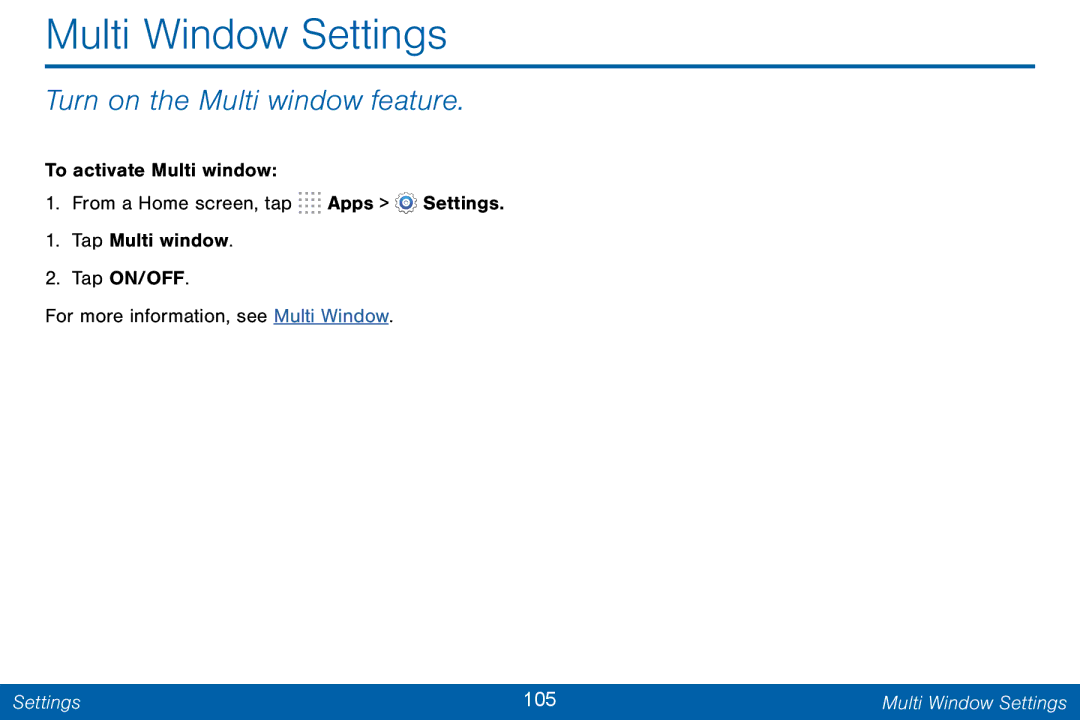 Samsung GH68-42046F manual Multi Window Settings, Turn on the Multi window feature 