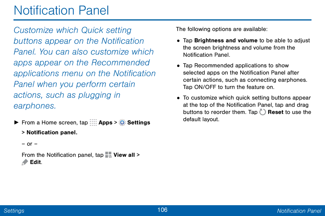 Samsung GH68-42046F manual Settings 106 Notification Panel 