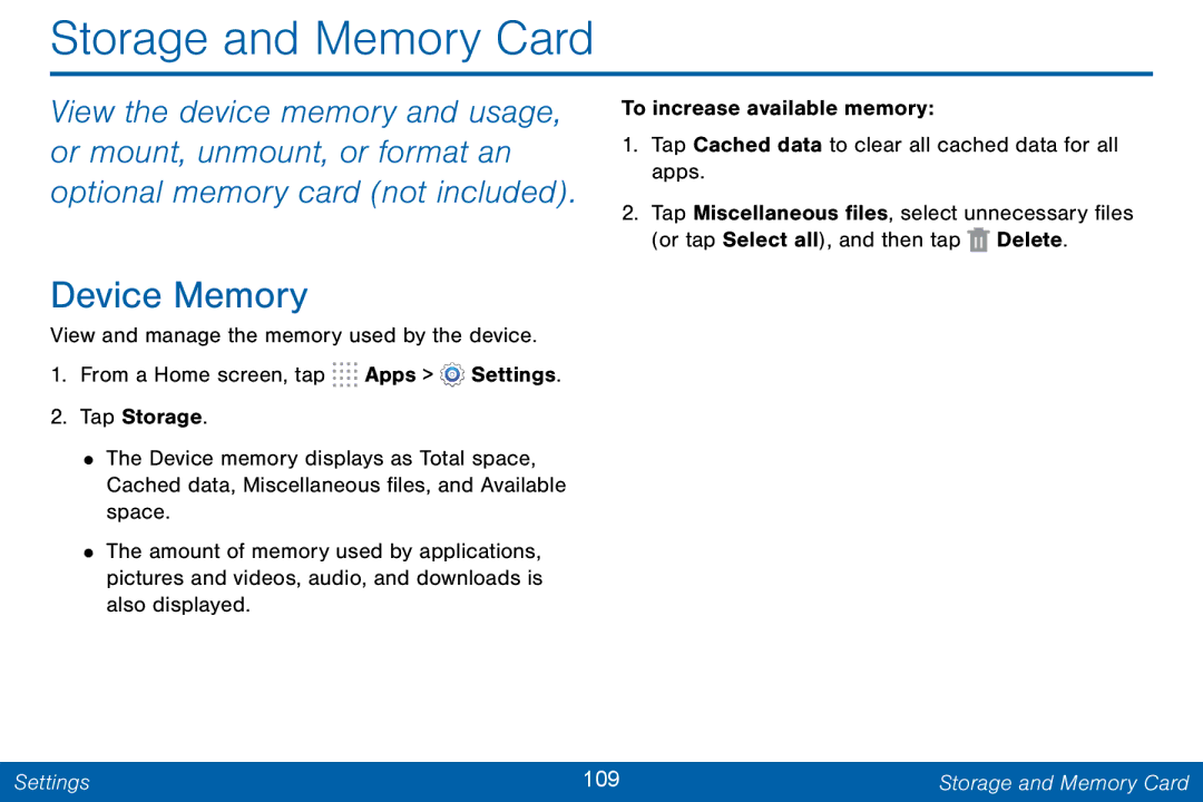 Samsung GH68-42046F manual Storage and Memory Card, Device Memory 