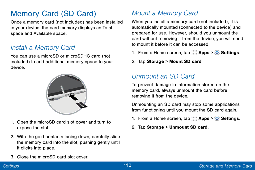 Samsung GH68-42046F manual Memory Card SD Card, Install a Memory Card, Mount a Memory Card, Unmount an SD Card 