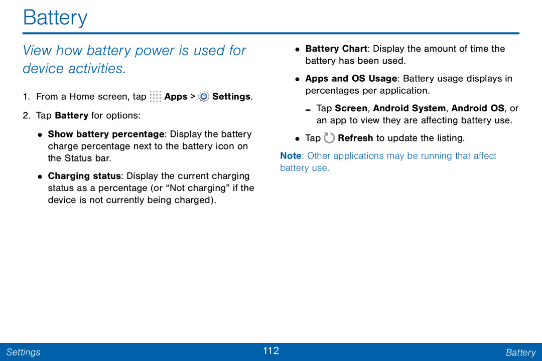 Samsung GH68-42046F manual Battery, View how battery power is used for device activities 