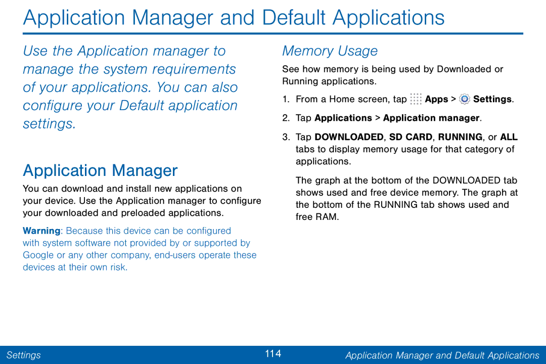 Samsung GH68-42046F manual Application Manager and Default Applications, Memory Usage 