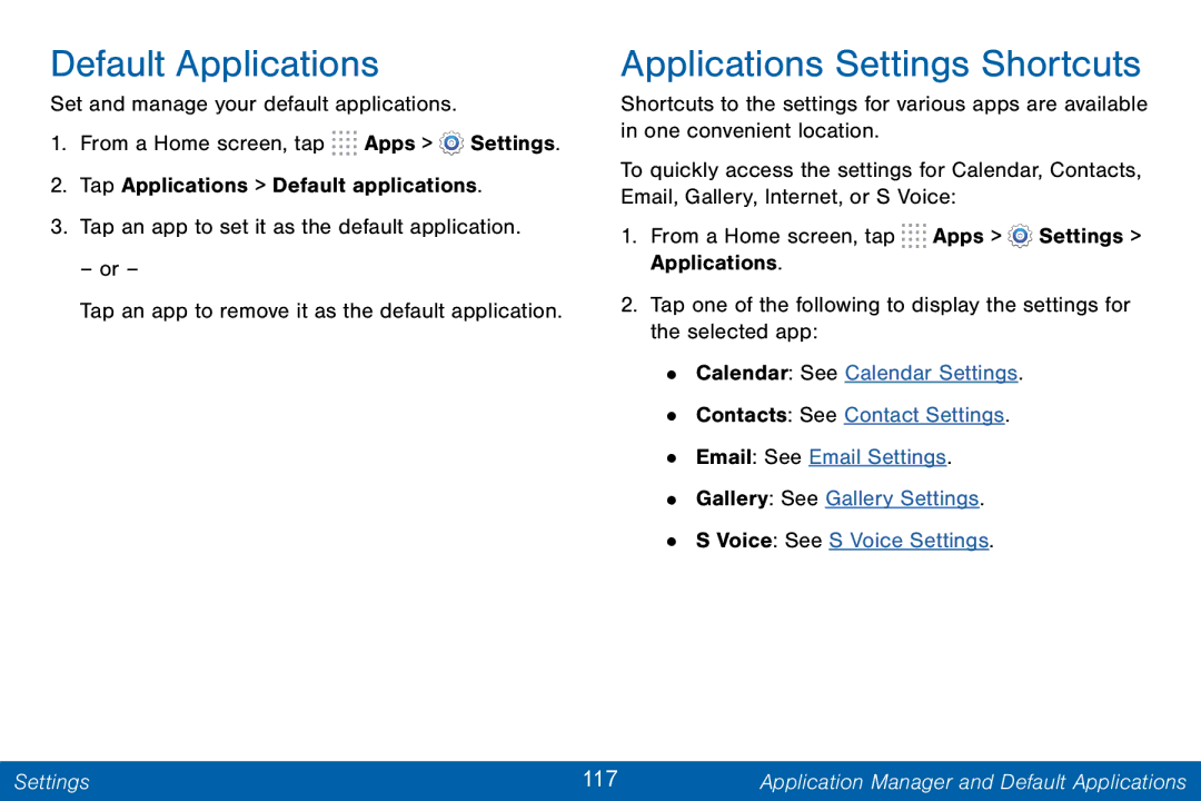 Samsung GH68-42046F manual Default Applications, Applications Settings Shortcuts 