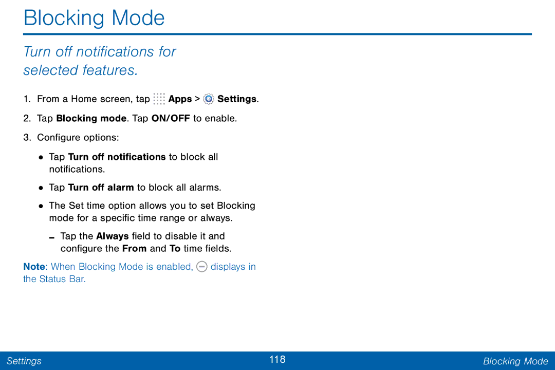 Samsung GH68-42046F manual Blocking Mode, Turn off notifications for selected features 