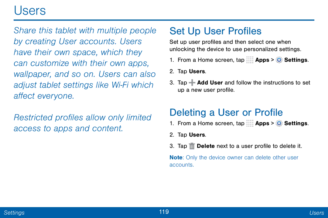 Samsung GH68-42046F manual Users, Set Up User Profiles, Deleting a User or Profile 