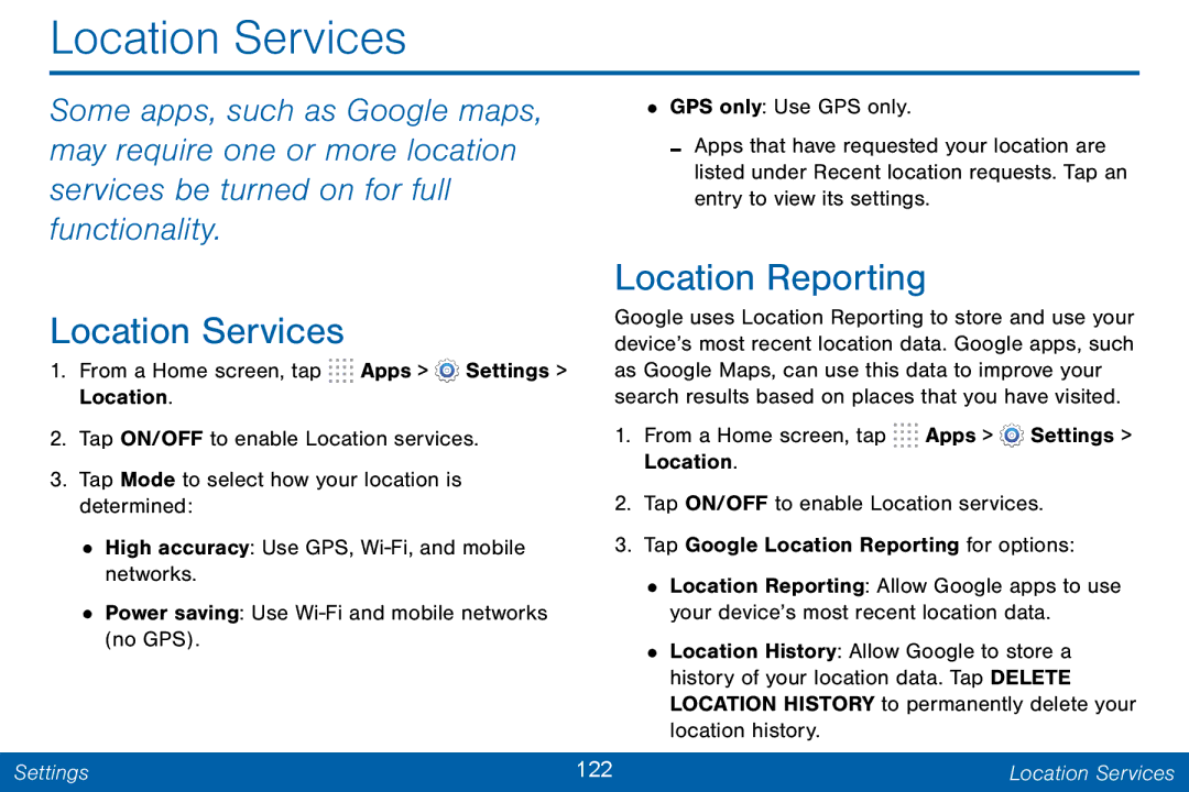 Samsung GH68-42046F manual Location Services, Location Reporting 