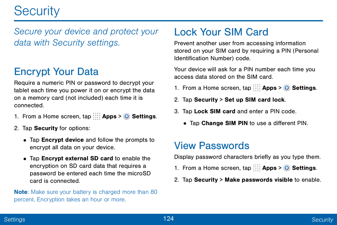 Samsung GH68-42046F manual Security, Lock Your SIM Card, Encrypt Your Data, View Passwords 