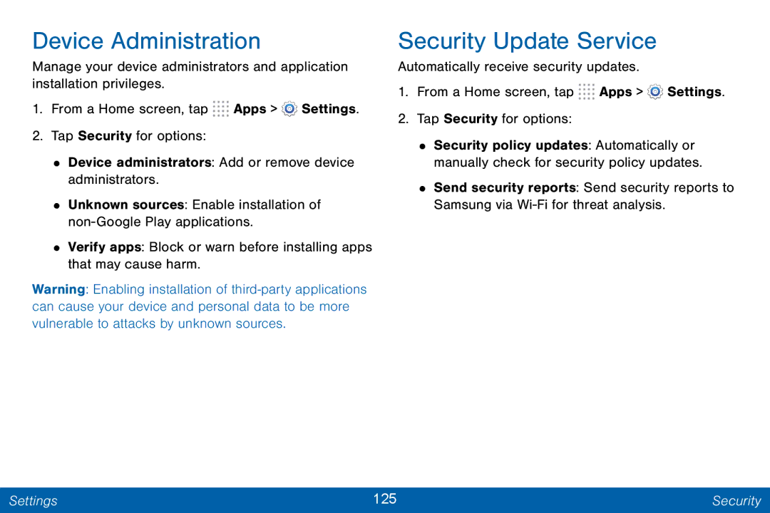 Samsung GH68-42046F manual Device Administration, Security Update Service 