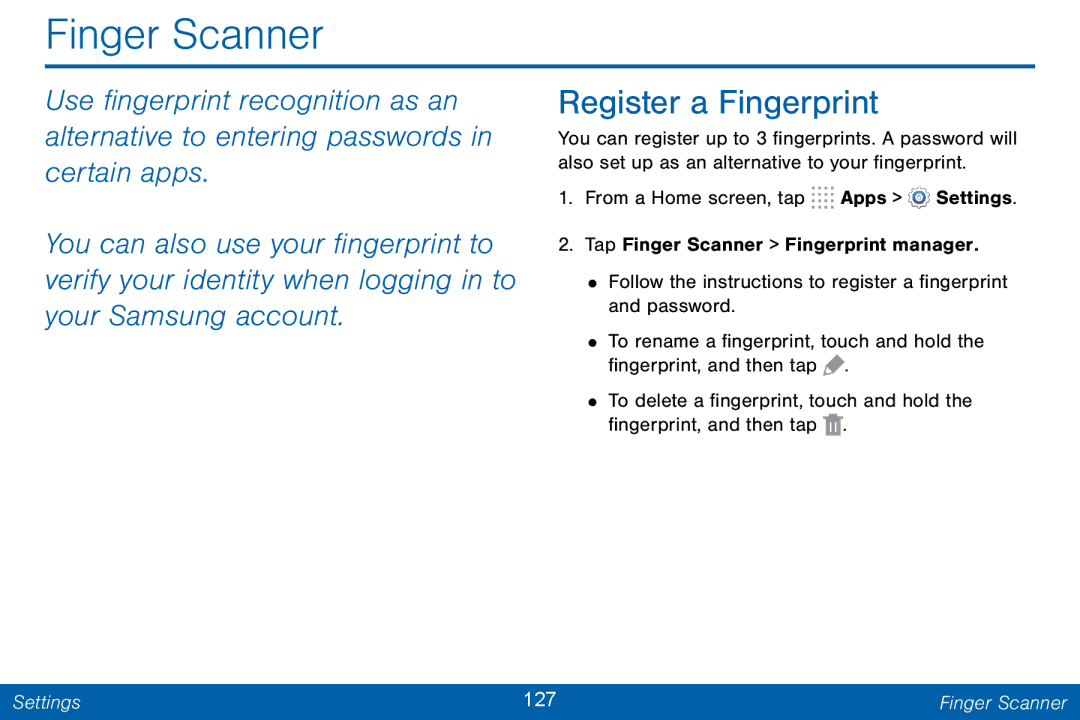 Samsung GH68-42046F manual Finger Scanner, Register a Fingerprint 