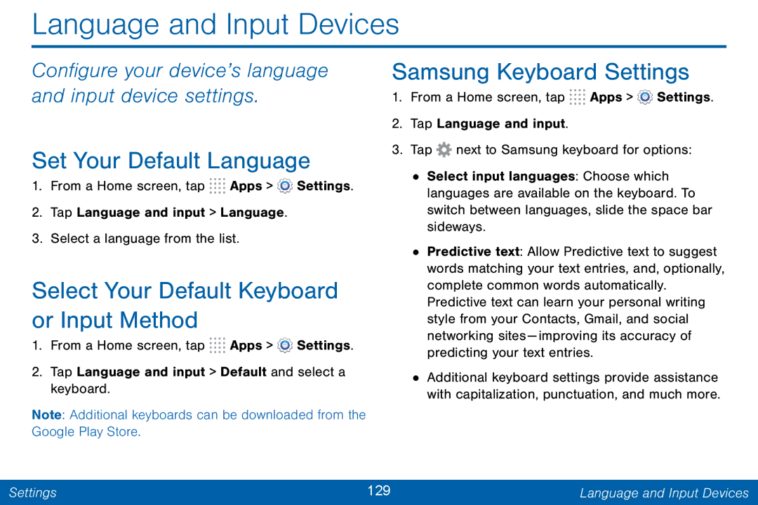 Samsung GH68-42046F Language and Input Devices, Set Your Default Language, Select Your Default Keyboard or Input Method 