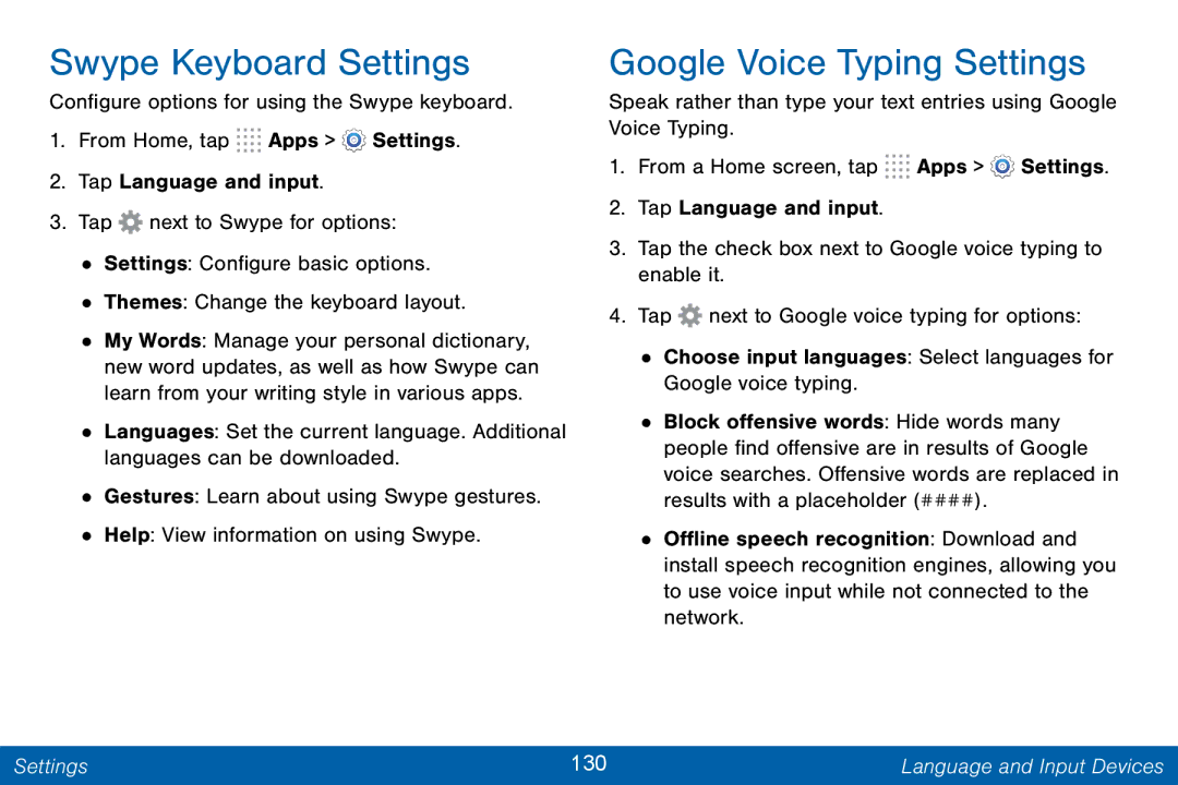 Samsung GH68-42046F manual Swype Keyboard Settings, Google Voice Typing Settings 