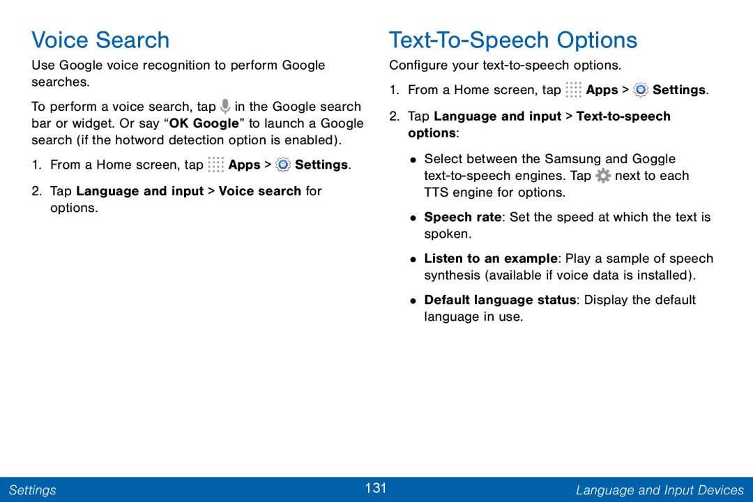 Samsung GH68-42046F manual Text-To-Speech Options, Use Google voice recognition to perform Google searches 