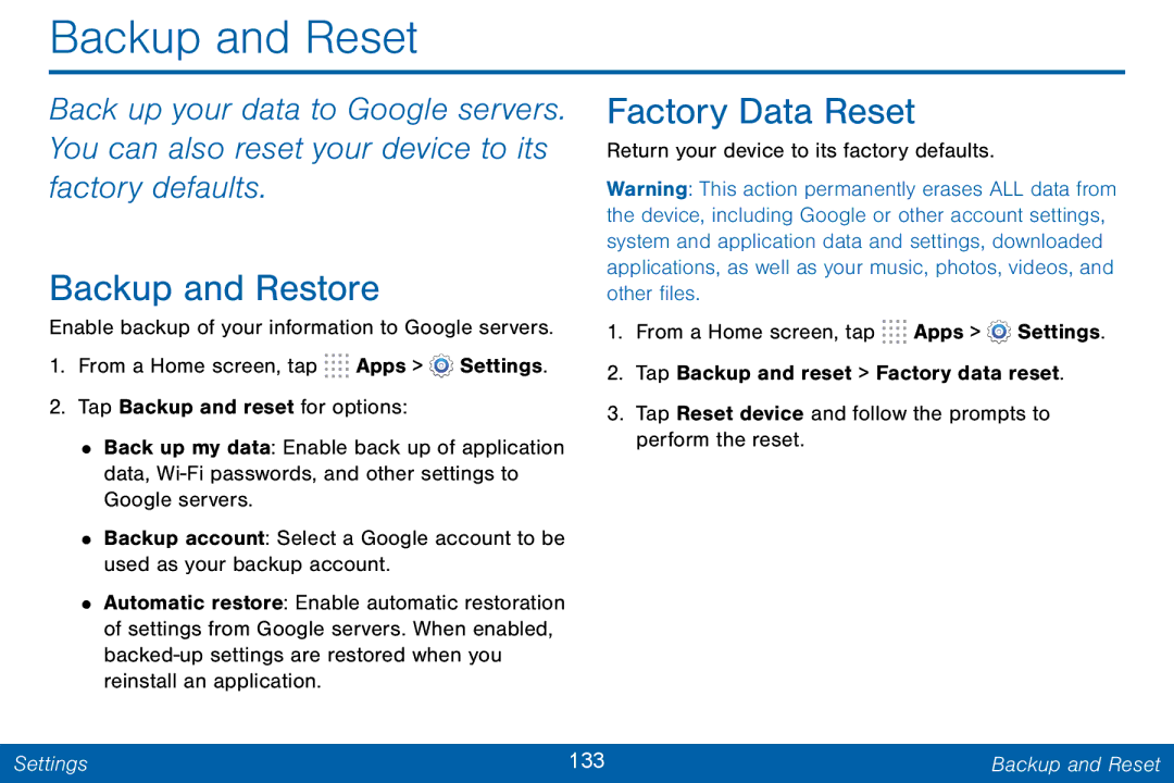 Samsung GH68-42046F manual Backup and Reset, Backup and Restore, Factory Data Reset 