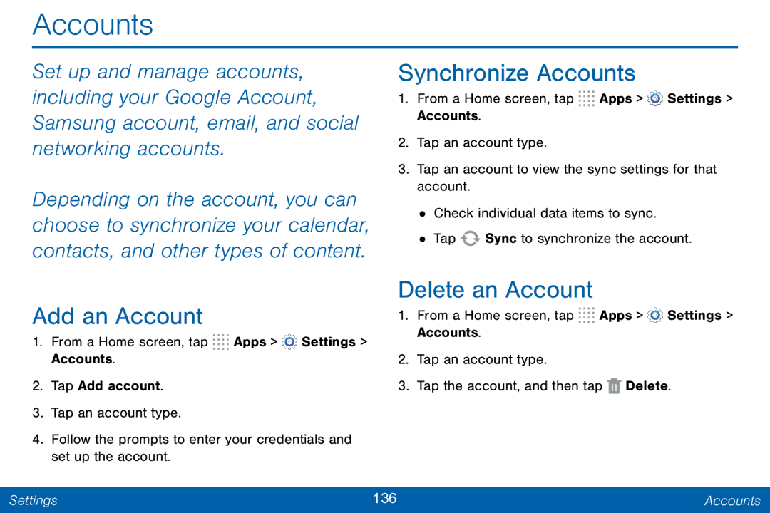 Samsung GH68-42046F manual Synchronize Accounts, Add an Account, Delete an Account 