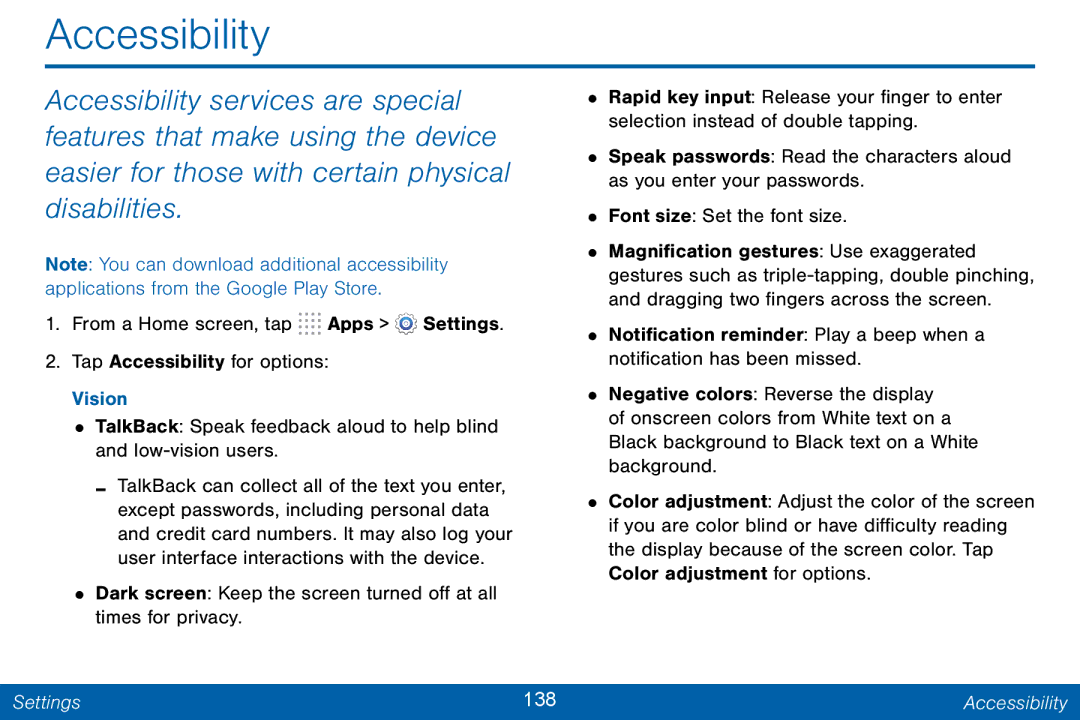 Samsung GH68-42046F manual Settings 138 Accessibility 