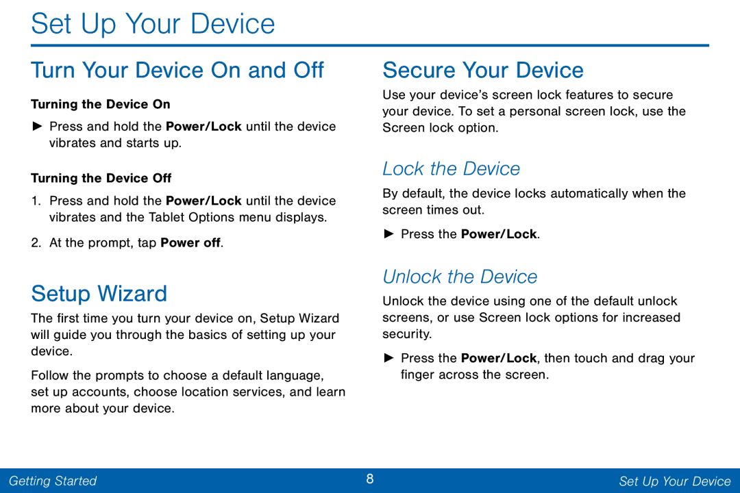 Samsung GH68-42046F manual Set Up Your Device, Turn Your Device On and Off, Setup Wizard, Secure Your Device 