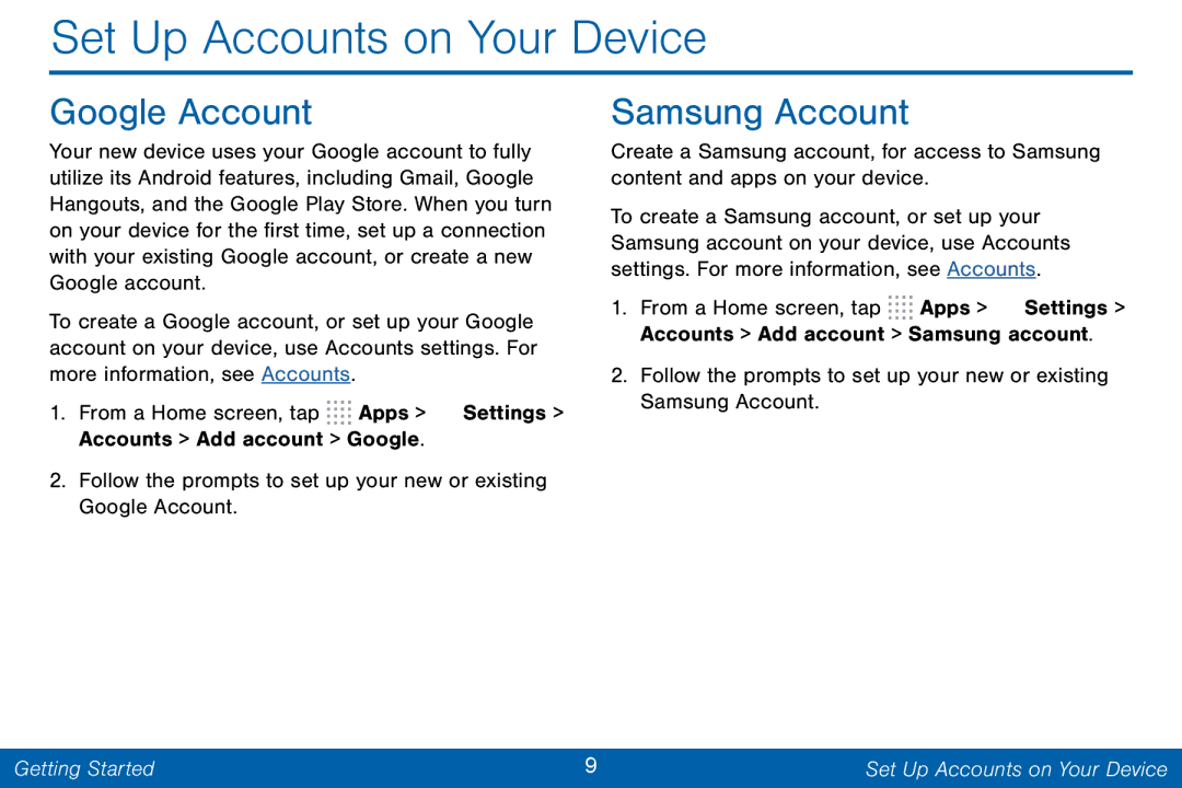 Samsung GH68-42046F manual Set Up Accounts on Your Device, Google Account, Samsung Account 