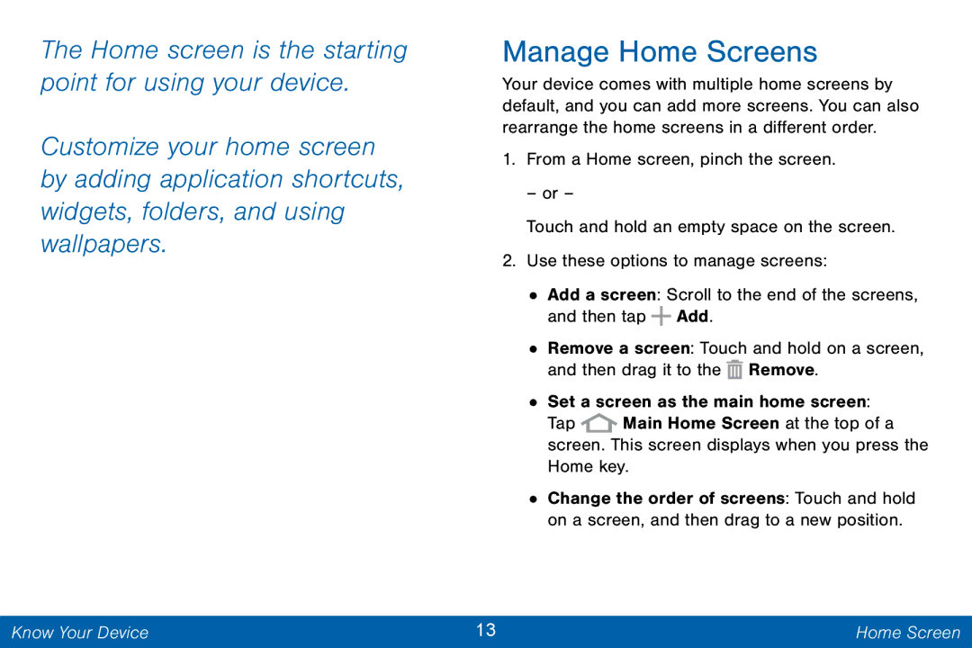 Samsung GH68-42046F manual Manage Home Screens 