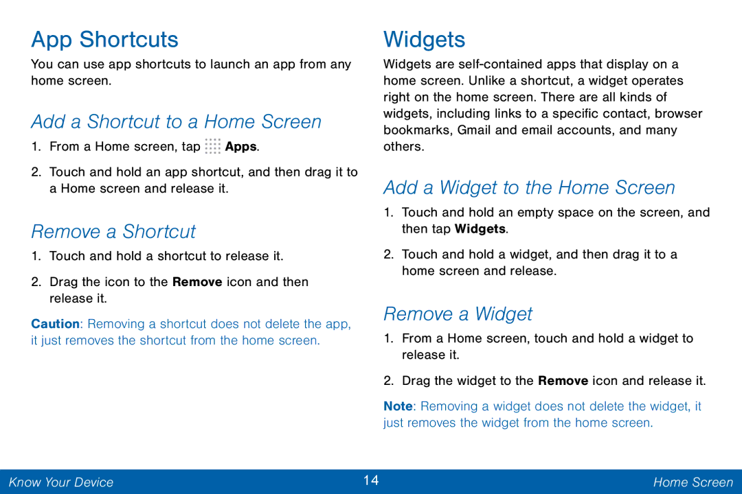 Samsung GH68-42046F manual App Shortcuts, Widgets 