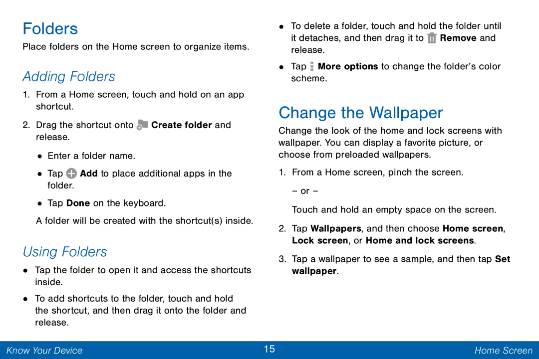 Samsung GH68-42046F manual Change the Wallpaper, Adding Folders, Using Folders 