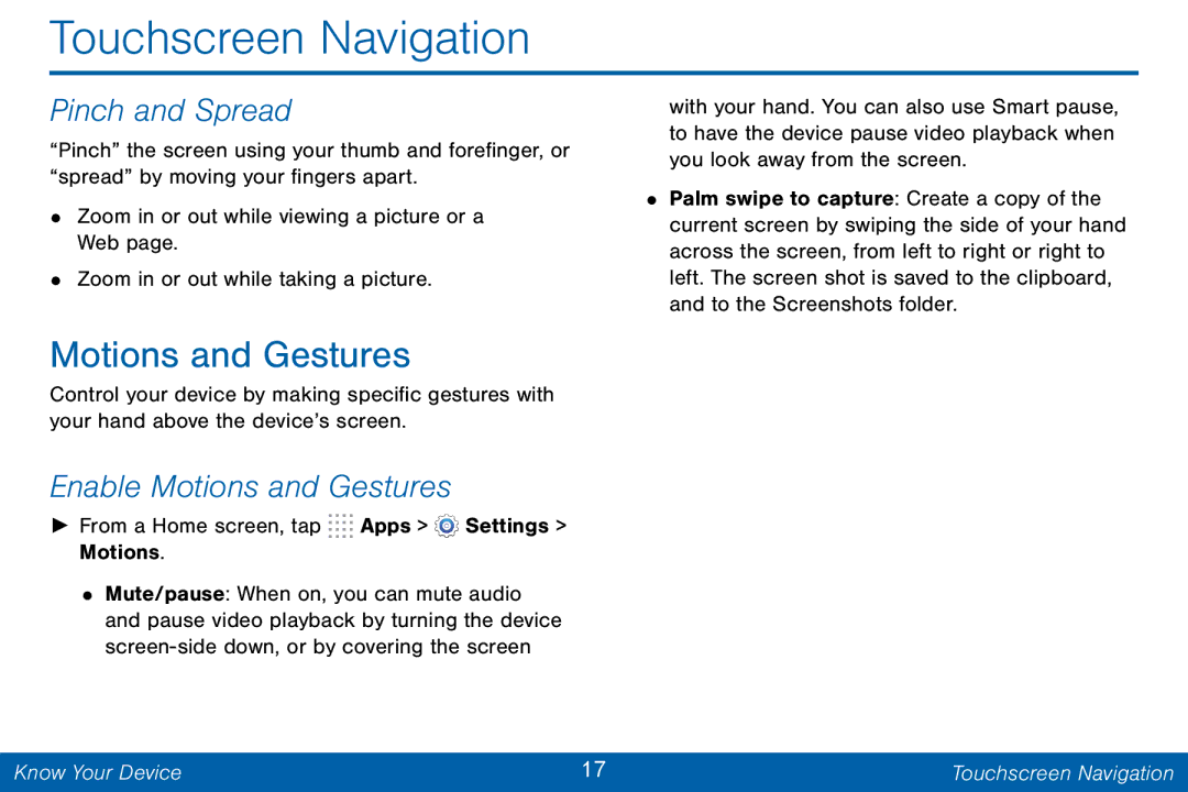 Samsung GH68-42046F manual Touchscreen Navigation, Pinch and Spread, Enable Motions and Gestures 